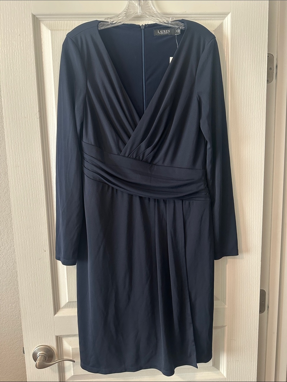 Lauren Ralph Lauren Navy Faux-Wrap Long Sleeve Dress